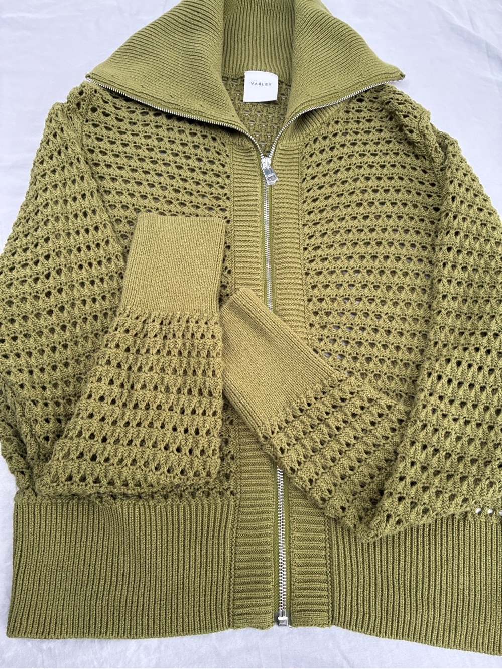 Varley Olive Knit Zip Cardigan with Eyelet Stitch